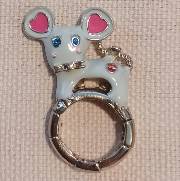 NWOT White Pink Ceramic Golden Rhinestone Mouse Heart Stretchy Fashion Ring - Picture 2 of 11